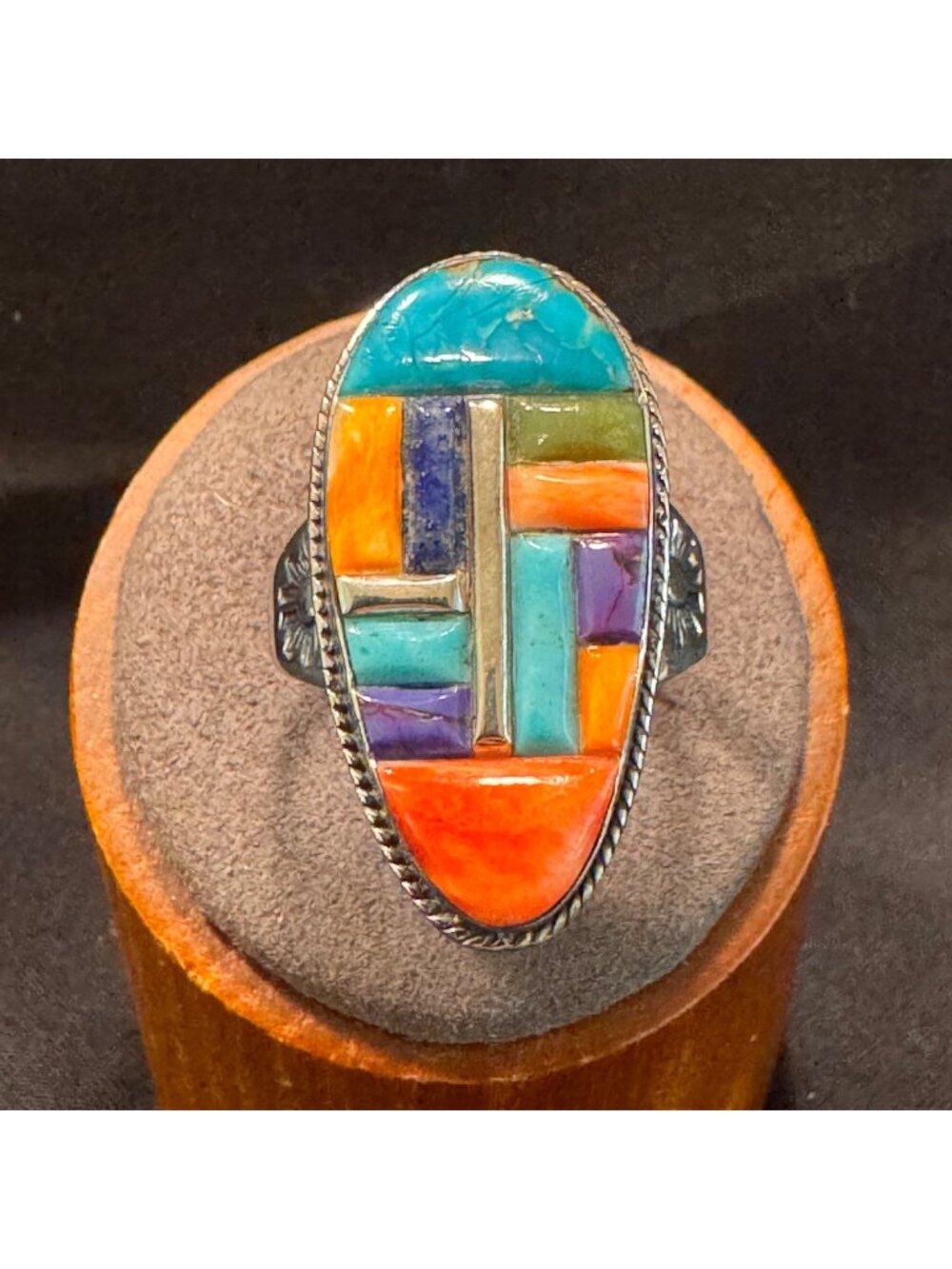 Sterling Silver 925 Southwest Style Multi Gemstone Inlay Ring Size 10.75